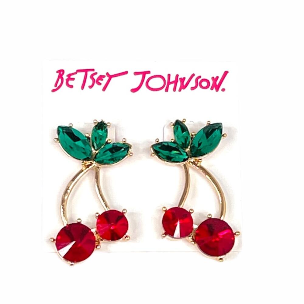 Betsey Johnson Cherry Earrings Gold Tone Red